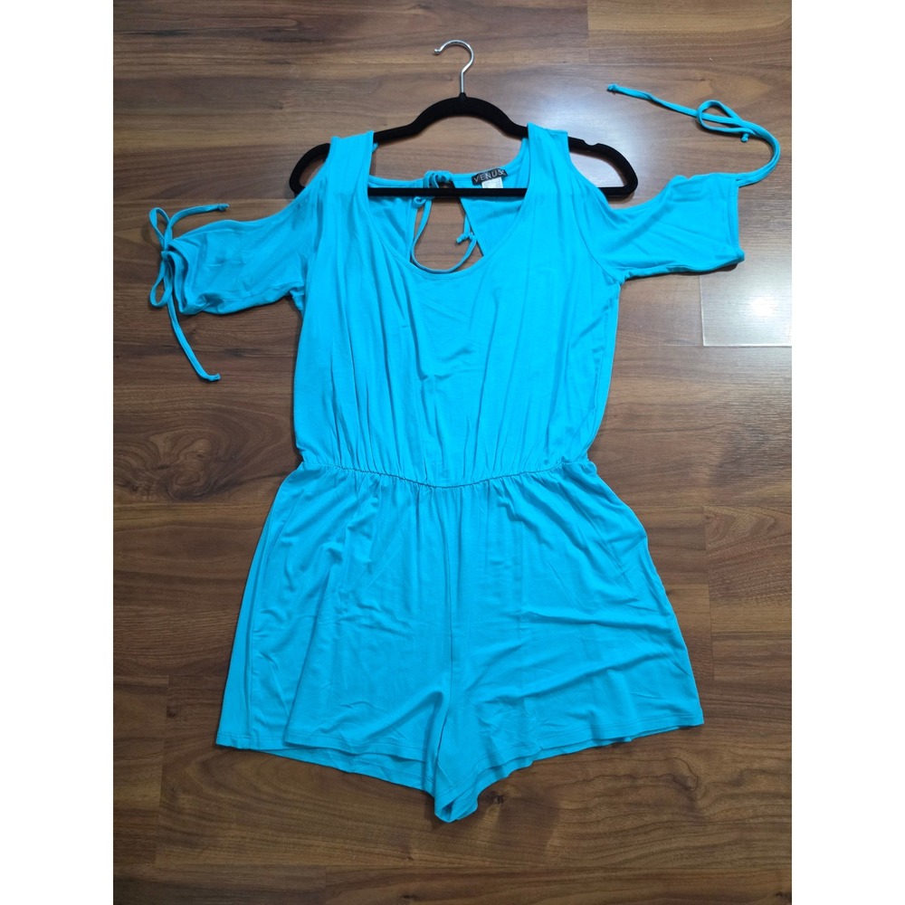NWOT Venus Romper Size Small Blue Cold Shoulder Open Back Tie Sleeve